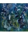 Bouquet galactique - tableau abstrait vert et bleu sur plaque de bois