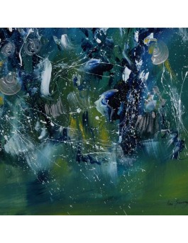 Bouquet galactique - tableau abstrait vert et bleu sur plaque de bois