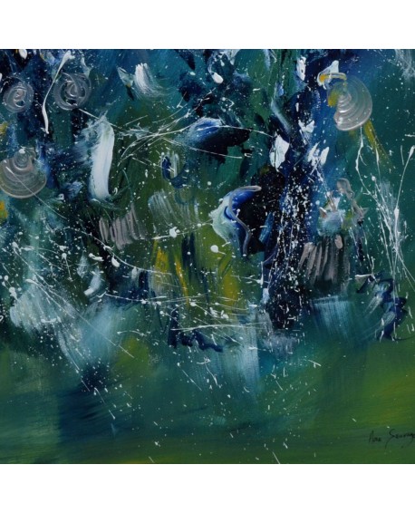 Bouquet galactique - tableau abstrait vert et bleu sur plaque de bois