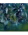 Bouquet galactique - tableau abstrait vert et bleu sur plaque de bois