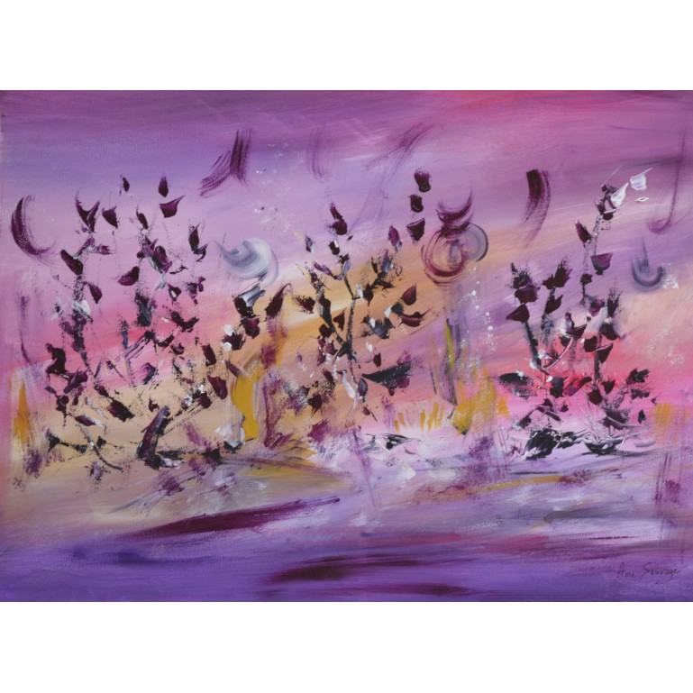 tableau abstrait violet oiseaux