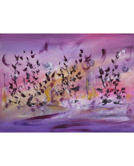 tableau abstrait violet oiseaux
