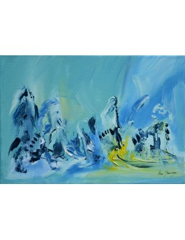 tableau abstrait bleu jaune et vert d'eau