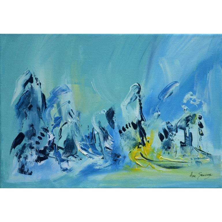 tableau abstrait bleu jaune et vert d'eau
