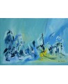 tableau abstrait bleu jaune et vert d'eau