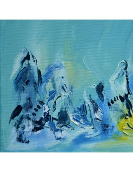 tableau abstrait bleu jaune et vert d'eau