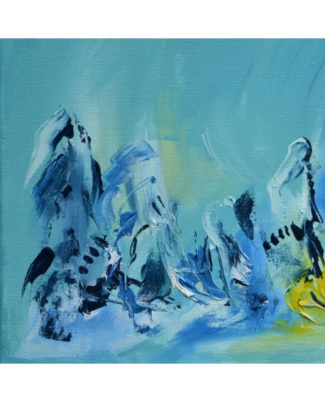tableau abstrait bleu jaune et vert d'eau