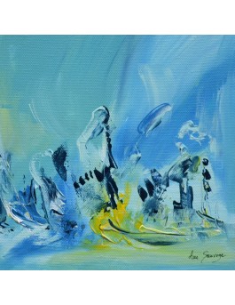 tableau abstrait bleu jaune et vert d'eau