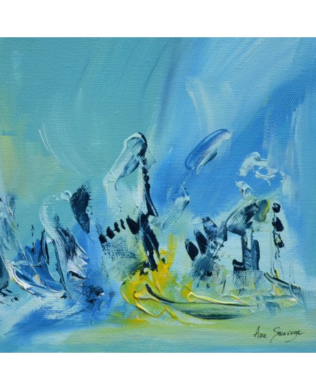 tableau abstrait bleu jaune et vert d'eau