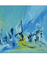 tableau abstrait bleu jaune et vert d'eau