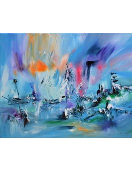 tableau abstrait bleu bateaux