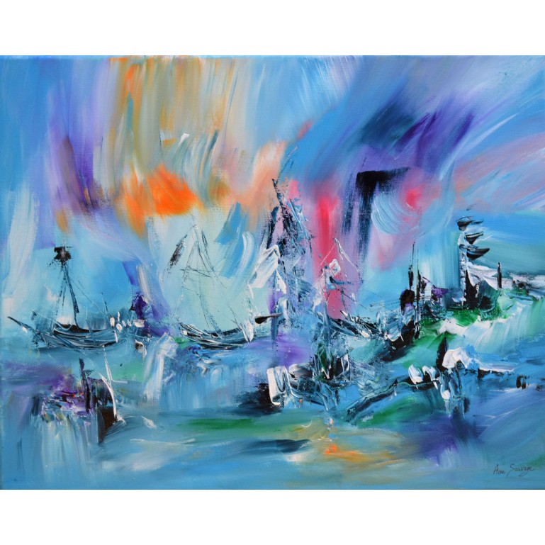 tableau abstrait bleu bateaux