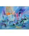 tableau abstrait bleu bateaux