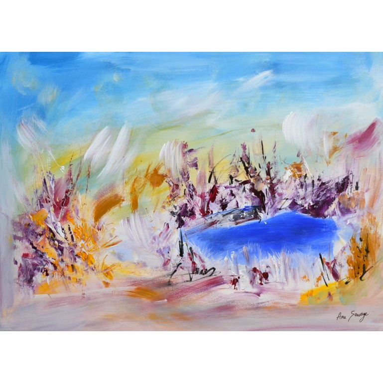 tableau abstrait lac nature