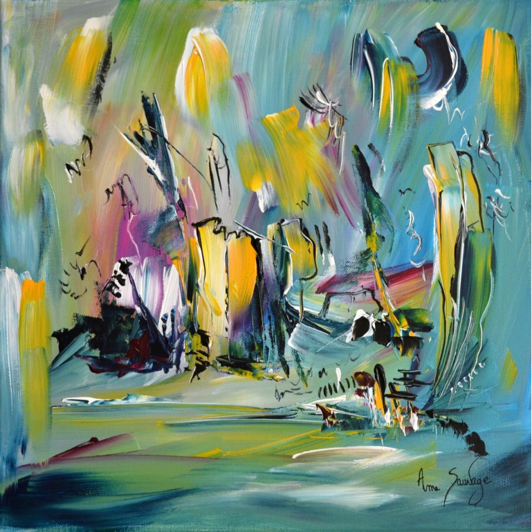 tableau abstrait vert multicolore