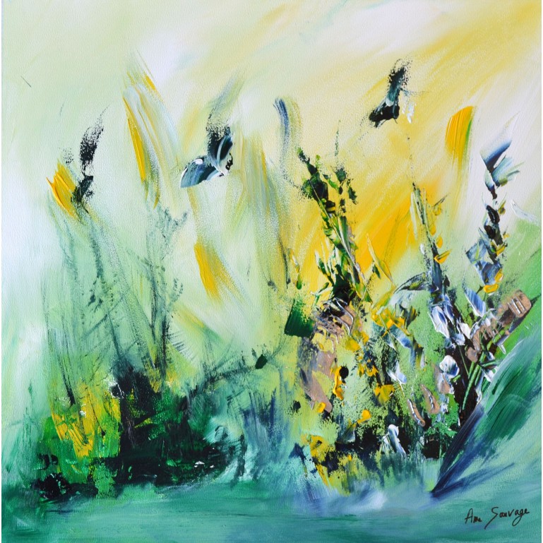 tableau abstrait vert jaune