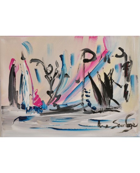 tableau abstrait blanc bleu noir rose "celui qui faisait de la magie"