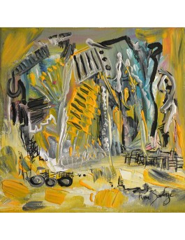 tableau abstrait jaune gris "maison des champs"