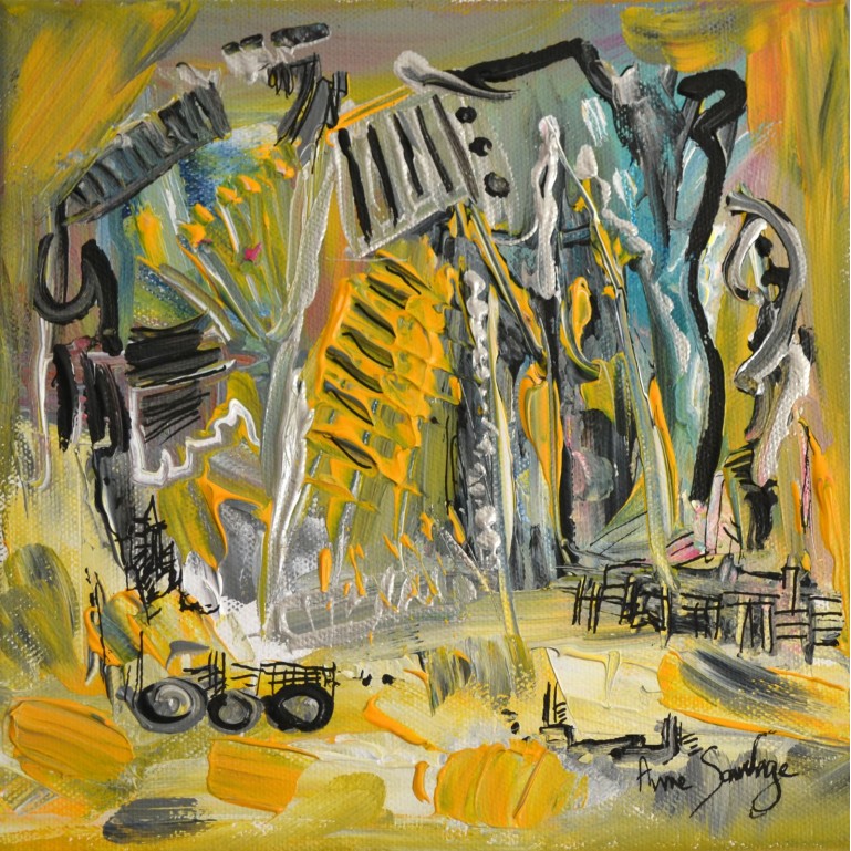 tableau abstrait jaune gris "maison des champs"