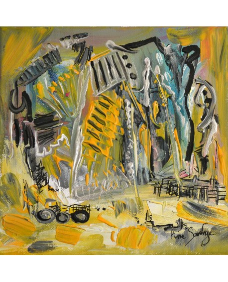 tableau abstrait jaune gris "maison des champs"