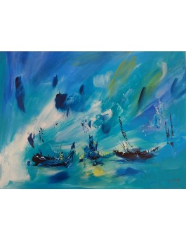 tableau abstrait bleu bateau