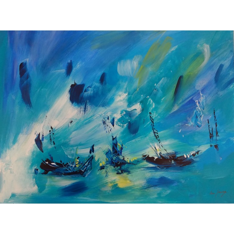 tableau abstrait bleu bateau
