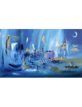 tableau abstrait bleu bateaux