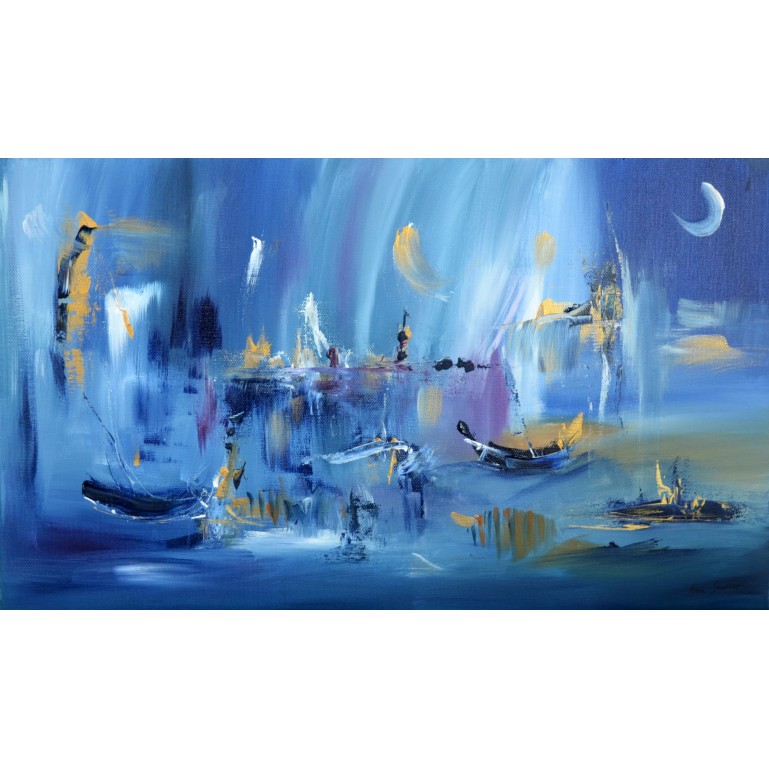 tableau abstrait bleu bateaux
