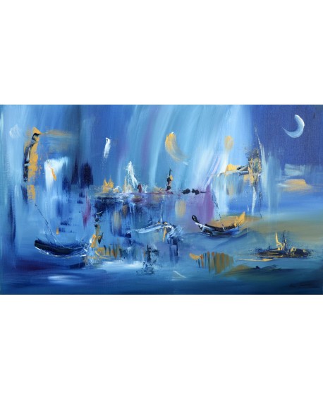 tableau abstrait bleu bateaux