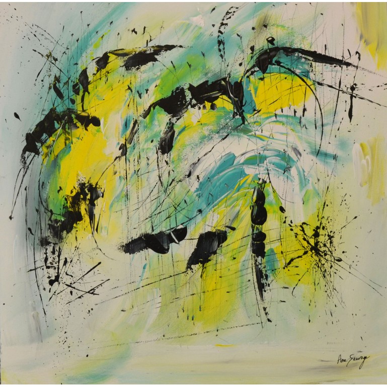 tableau abstrait jaune bleu vert