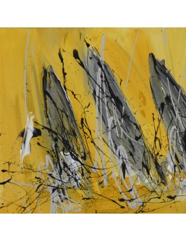 tableau abstrait jaune moutarde et gris voiliers