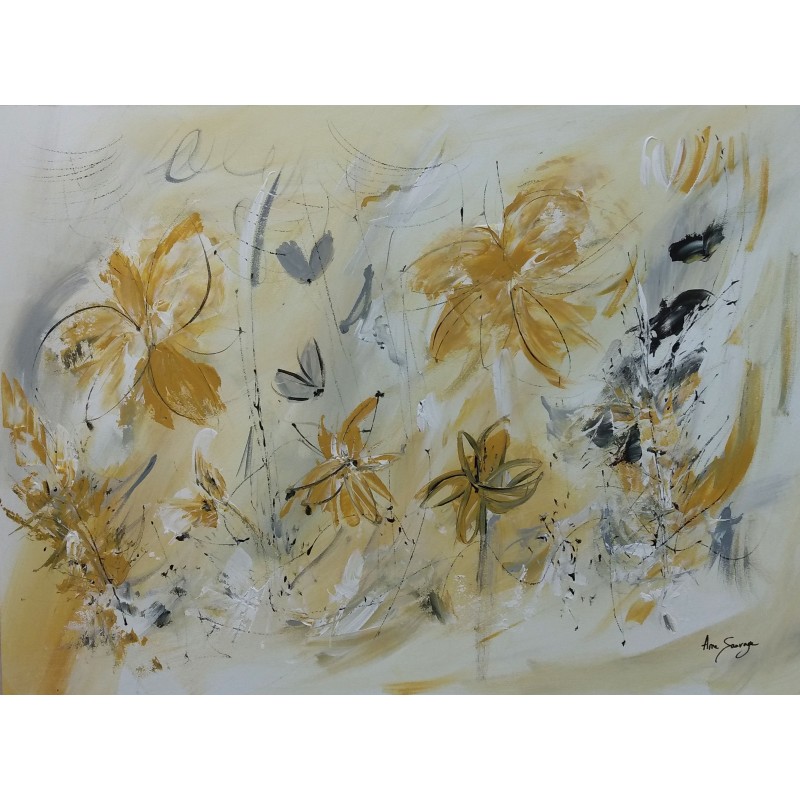 tableau abstrait jaune moutarde et gris de fleurs