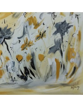 tableau abstrait jaune moutarde et gris de fleurs