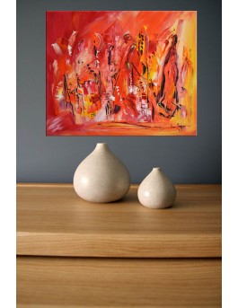 Tableau abstrait rouge orange jaune "sous la chaleur d'Afrique"