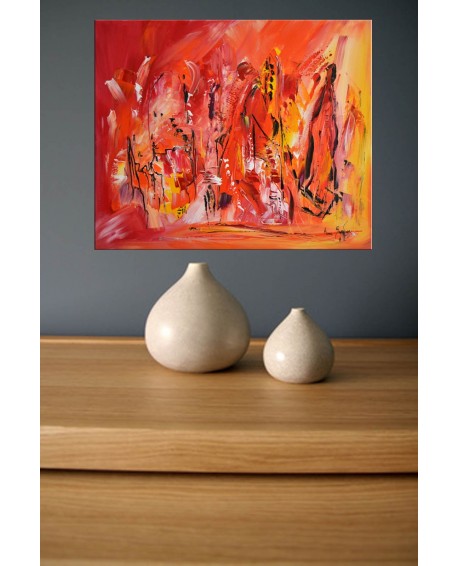 Tableau abstrait rouge orange jaune "sous la chaleur d'Afrique"