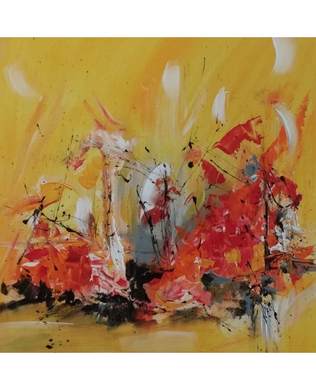 tableau abstrait jaune rouge gris