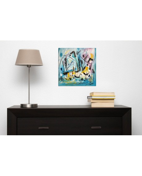 Le jour des voyages - Tableau abstrait bleu bateaux