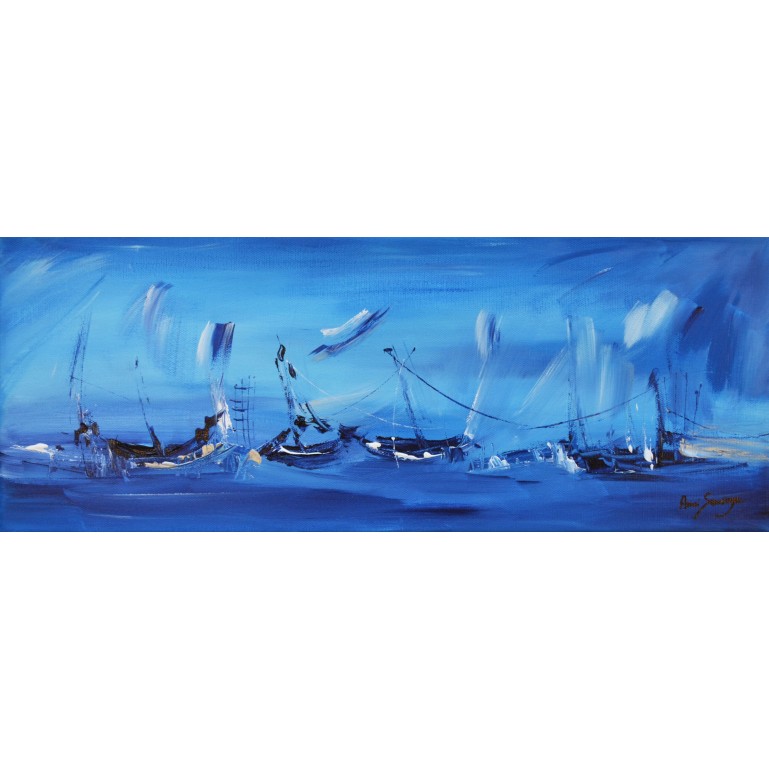 tableau abstrait panoramique bleu de bateaux