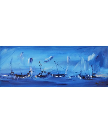 tableau abstrait panoramique bleu de bateaux