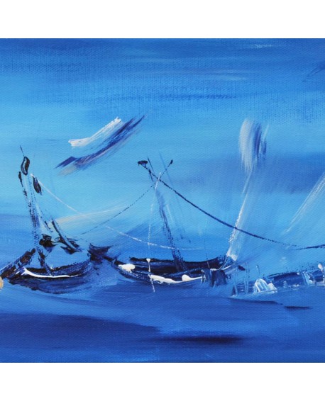 tableau abstrait panoramique bleu de bateaux