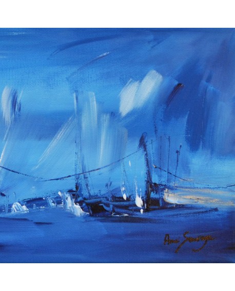 tableau abstrait panoramique bleu de bateaux