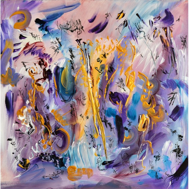 Tableau abstrait violet sur bois