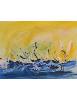 tableau abstrait jaune et bleu de bateaux