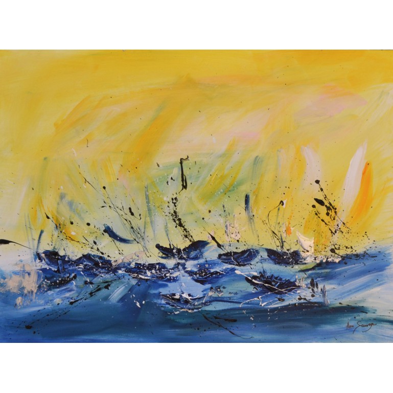 tableau abstrait jaune et bleu de bateaux