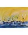 tableau abstrait jaune et bleu de bateaux