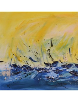 tableau abstrait jaune et bleu de bateaux