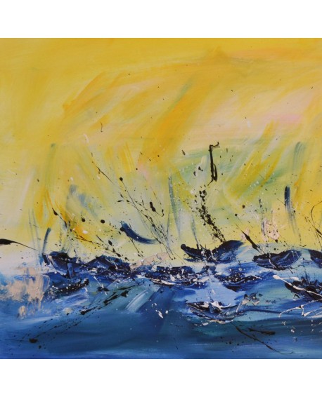 tableau abstrait jaune et bleu de bateaux