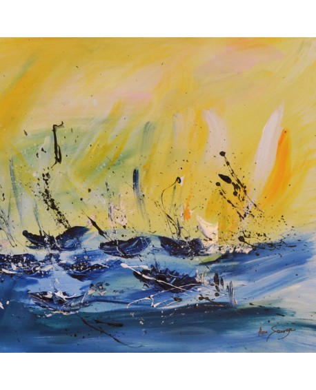 tableau abstrait jaune et bleu de bateaux