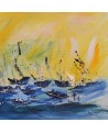 tableau abstrait jaune et bleu de bateaux