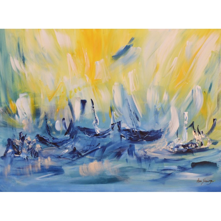 tableau abstrait jaune et bleu de bateaux
